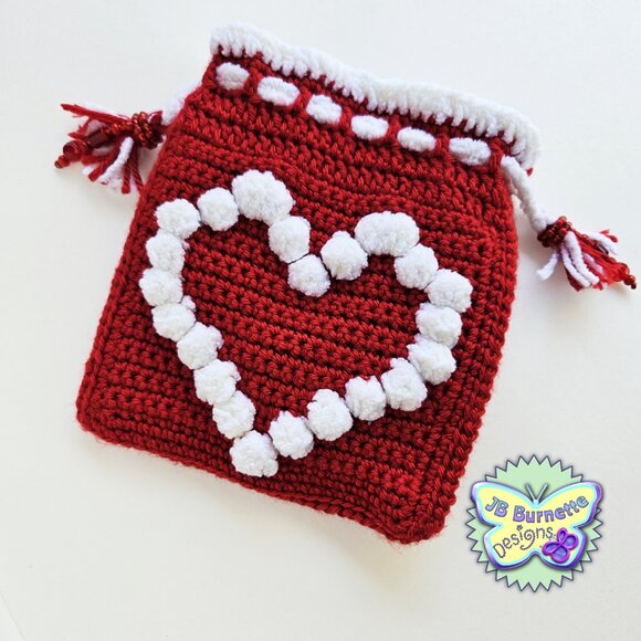 Crochet Heart Bag, Drawstring Pouch with Beaded Accents, Wristlet with 3D Hearts - Picture 7 of 9